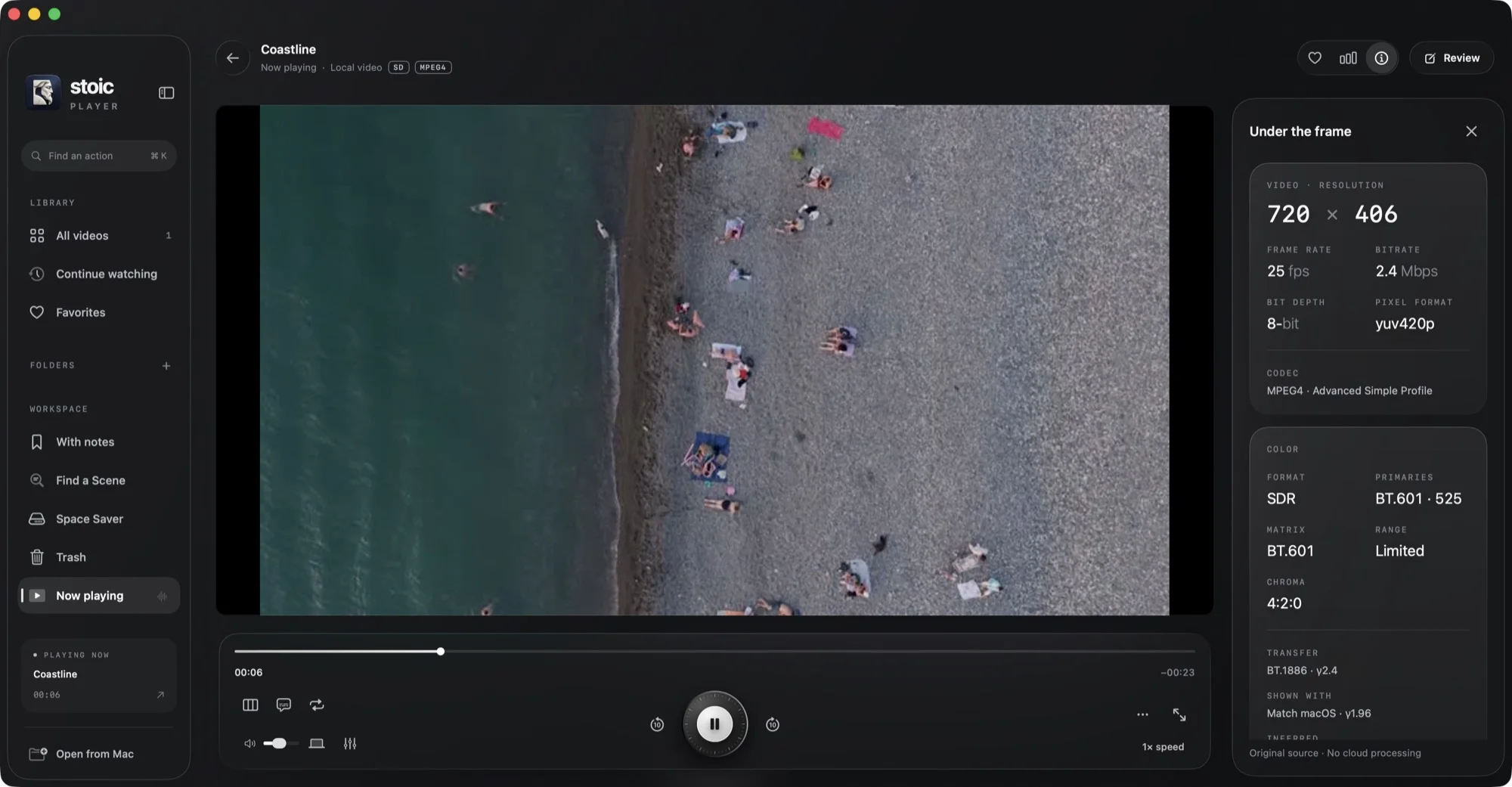 Stoic playing an Xvid AVI file, with the inspector showing MPEG-4 Advanced Simple Profile video at 720 by 406