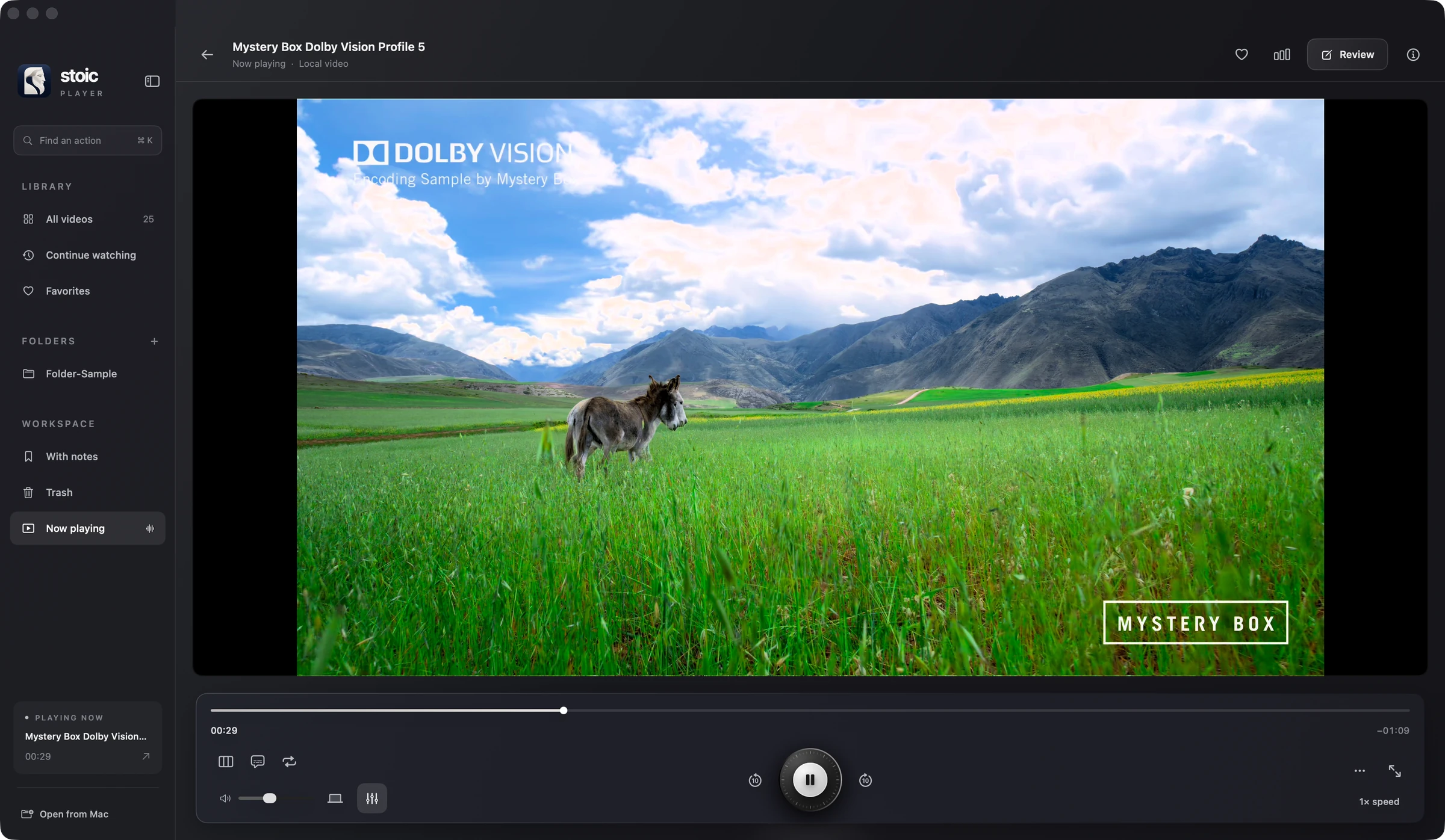 The Stoic player window playing a Dolby Vision sample: library sidebar, picture, timeline and transport controls
